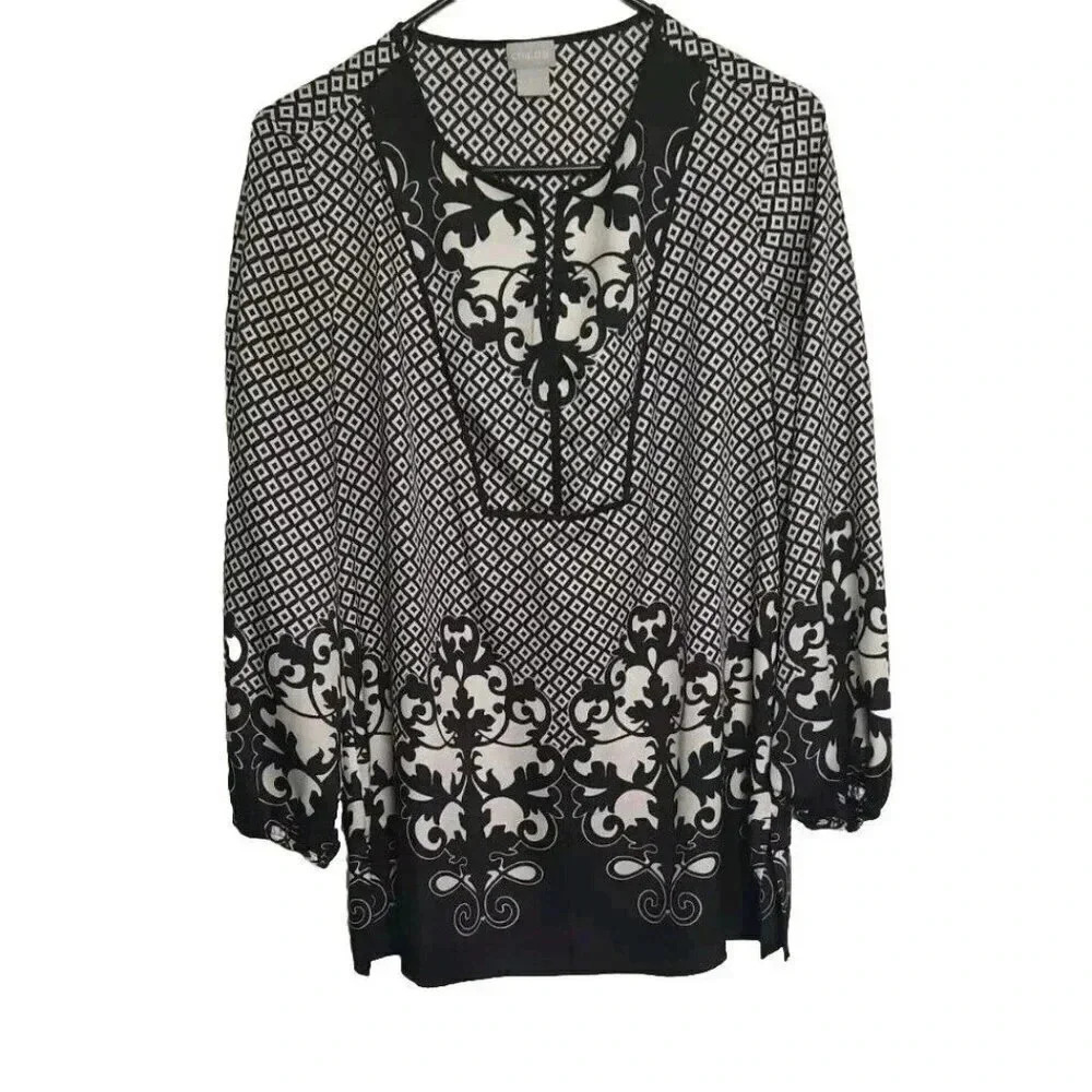 Chicos Black White Geometric Designer Blouse Size 1